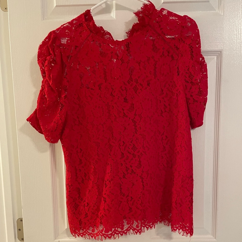 Red puff sleeve lace blouse